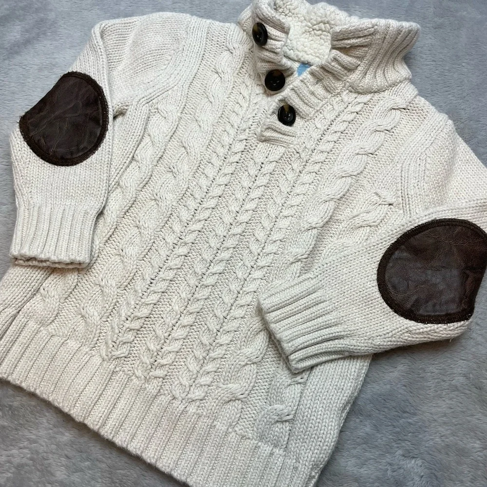 babyGap Cable Knit Fisherman Sweater Sz‎ 4 Yr Cream Sherpa Collar Elbow Patches